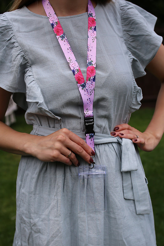 1 x SpiriuS Roses in Pink breakaway Lanyard neck strap + clear waterproof badge badge holder