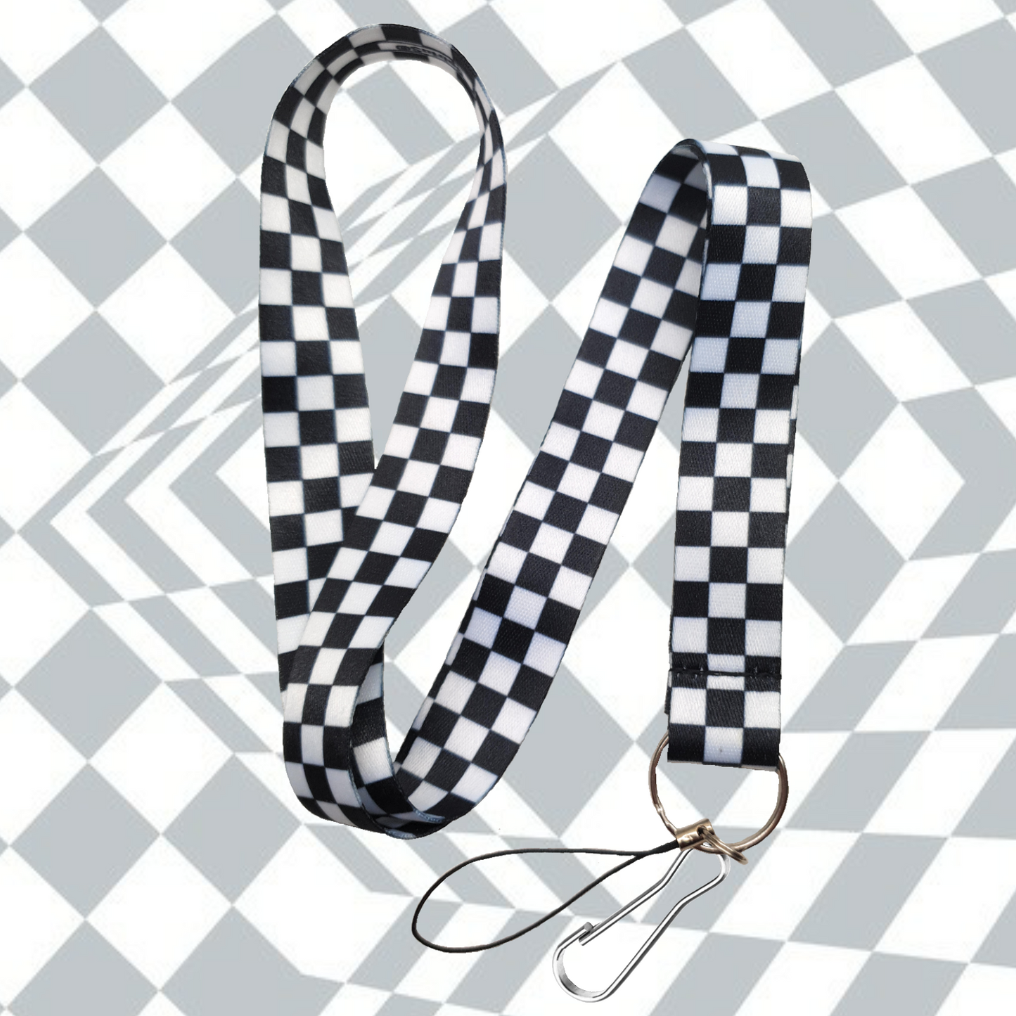 Lanyard Neck strap for ID card badge Holder with retractable reel WHITE BLACK CHECKER PLAID