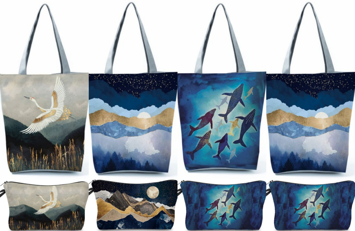 Handbag and purse Set-Reusable Shopping Zipper Tote Bag Handbag with matching cosmetic make up pencil bag purse bird, sea, beach bags
