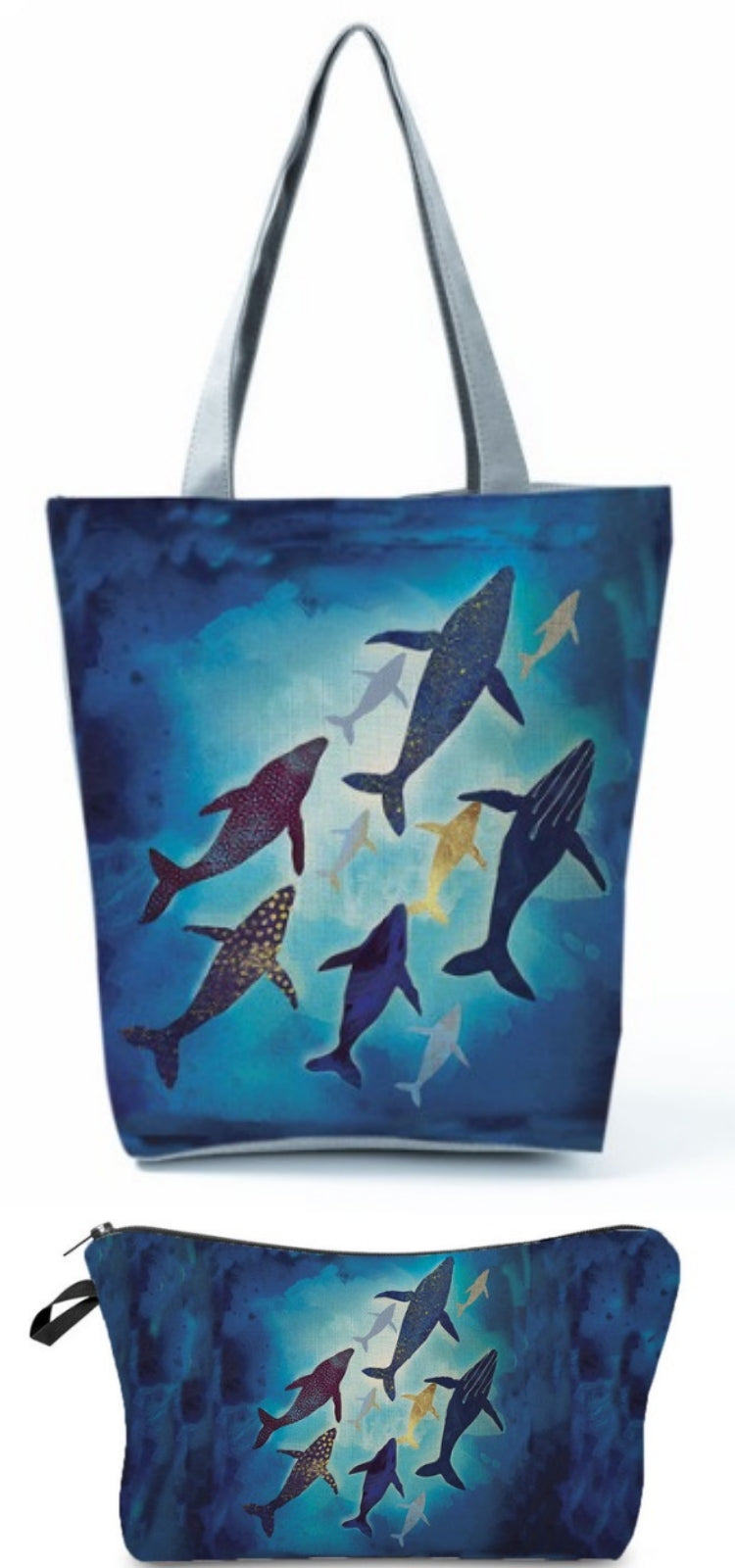 Handbag and purse Set-Reusable Shopping Zipper Tote Bag Handbag with matching cosmetic make up pencil bag purse bird, sea, beach bags