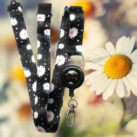 1x SpiriuS Lanyard with Daisies in Black Retractable Reel ID Badge Holder with metal clip Keyring