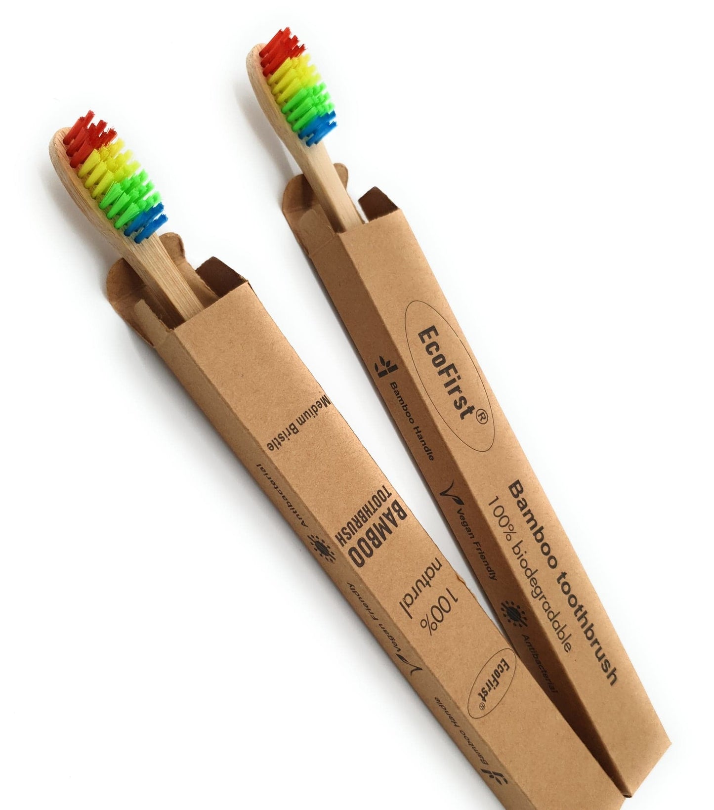2 x EcoFirst Eco Friendly Natural Bamboo Toothbrushes Adults Rainbow Medium bristle