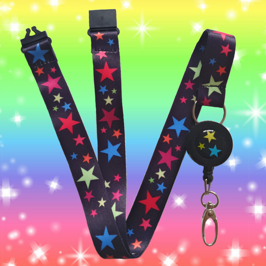 1x SpiriuS Lanyard with Rainbow Stars Retractable Reel ID Badge Holder with metal clip Keyring