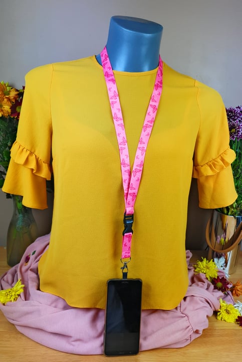 SpiriuS Phone Neck Lanyard Strap with sticky Universal Patch For any mobile phone, card holder Pink Butterfly
