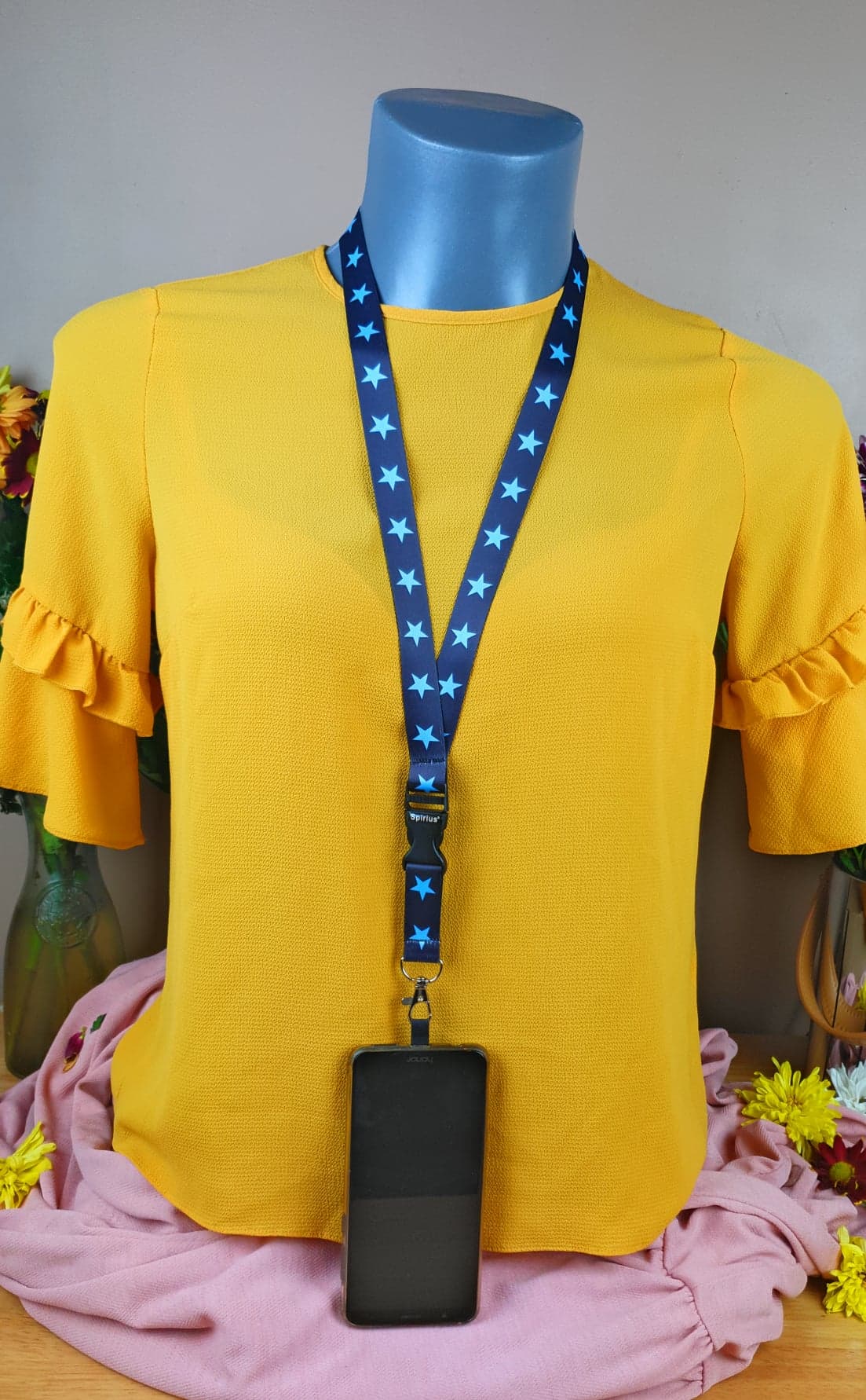 SpiriuS Phone Neck Lanyard Strap with sticky Universal Patch For any mobile phone, card holder Blue stars
