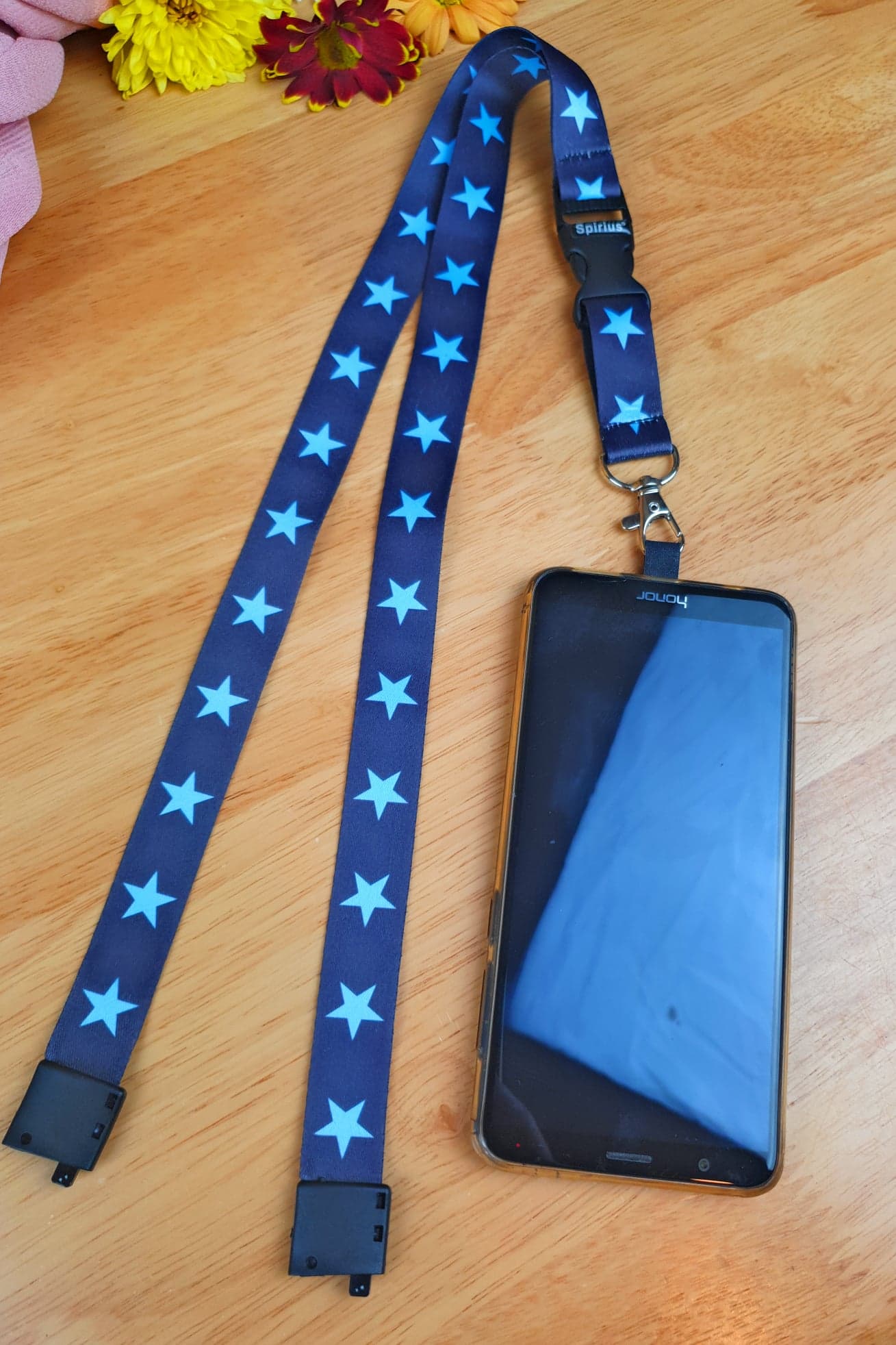 SpiriuS Phone Neck Lanyard Strap with sticky Universal Patch For any mobile phone, card holder Blue stars