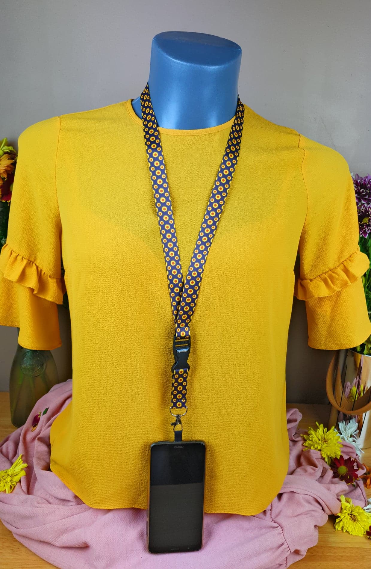 SpiriuS Phone Neck Lanyard Strap with sticky Universal Patch For any mobile phone, card holder Sunflowers