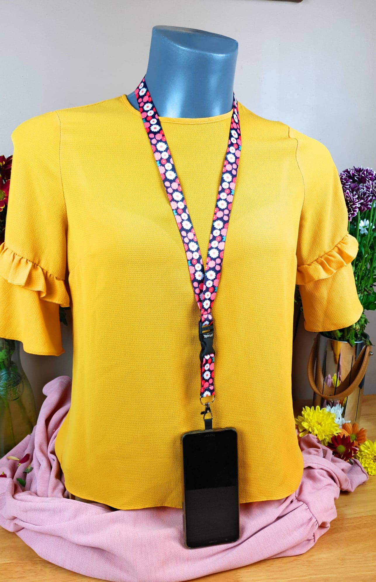 SpiriuS Phone Neck break away Lanyard Strap with sticky Universal Patch For any mobile phone, card holder Multi Daisies