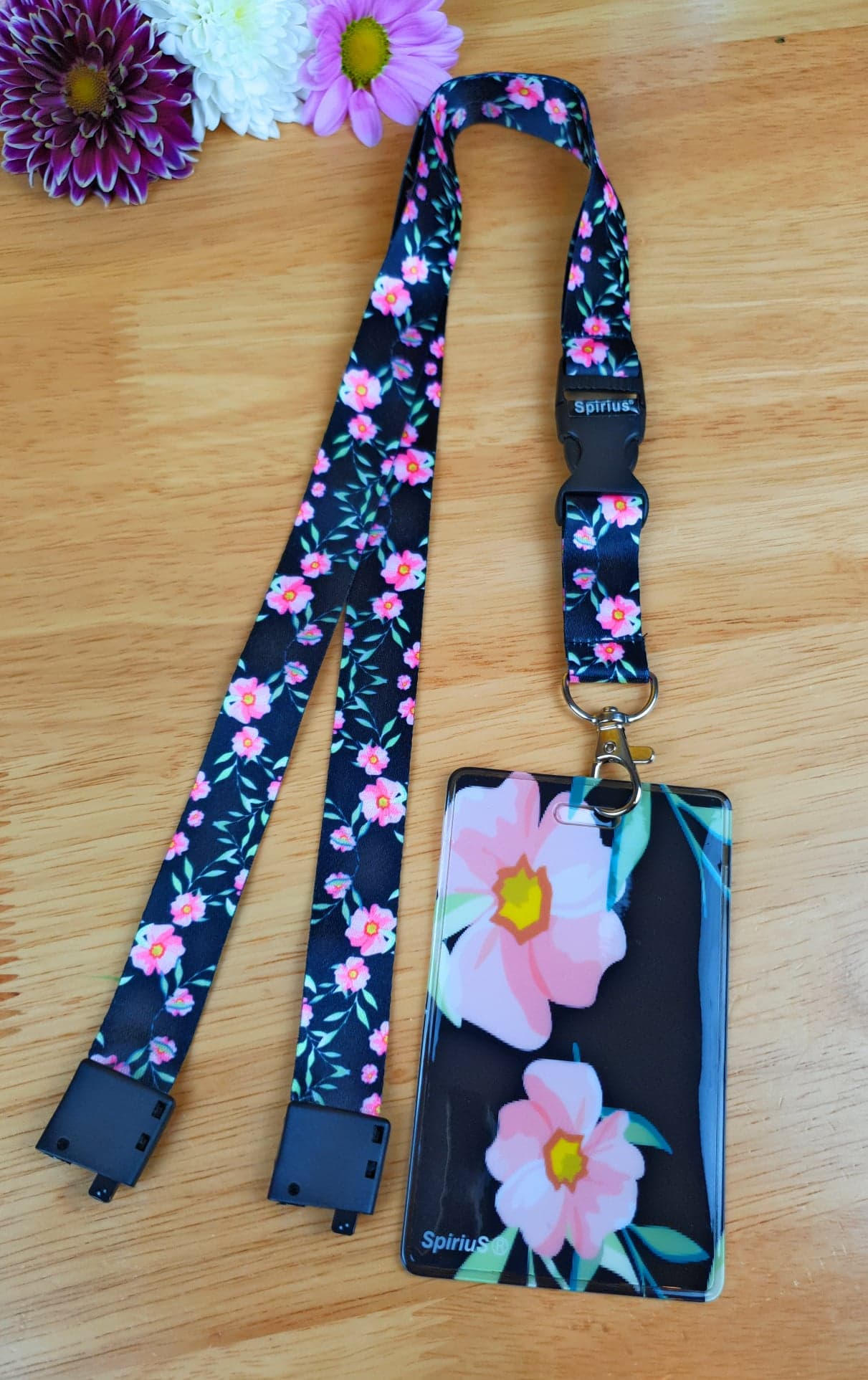 SpiriuS Flowers in black breakaway Lanyard neck strap + unique id badge holder