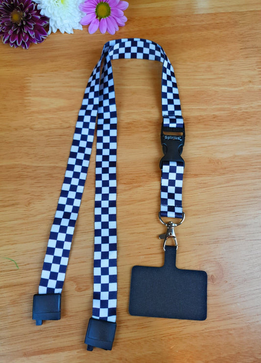SpiriuS Phone Neck Lanyard Strap with sticky Universal Patch For any mobile phone, card holder Checker plaid