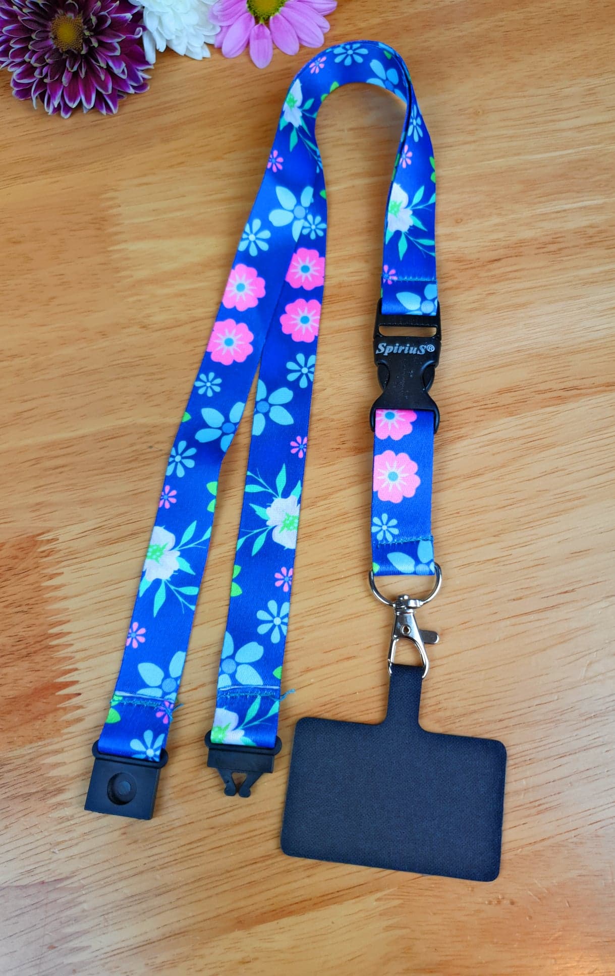 SpiriuS Phone Neck Lanyard Strap with sticky Universal Patch For any mobile phone, card holder dark blue flowers