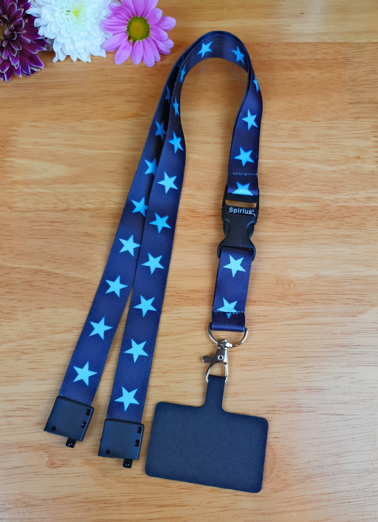 SpiriuS Phone Neck Lanyard Strap with sticky Universal Patch For any mobile phone, card holder Blue stars