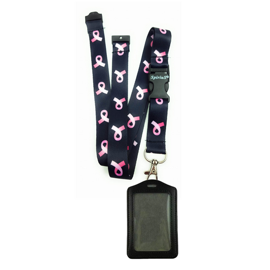1 x SpiriuS Pink Cancer in Black breakaway Lanyard neck strap + faux leather badges holder