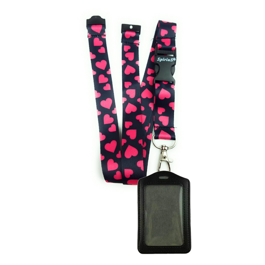 1 x SpiriuS Pink Hearts breakaway Lanyard neck strap + faux leather badges holder