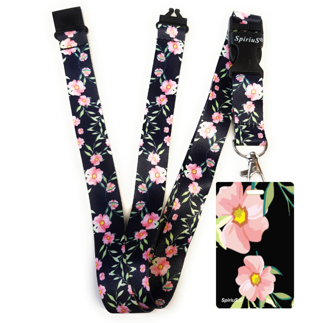 SpiriuS Flowers in black breakaway Lanyard neck strap + unique id badge holder