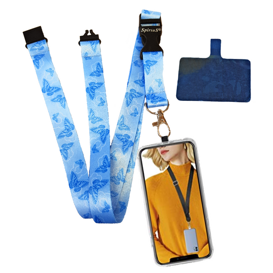 SpiriuS Phone Neck Lanyard Strap with sticky Universal Patch For any mobile phone, card holder Blue Butterfly