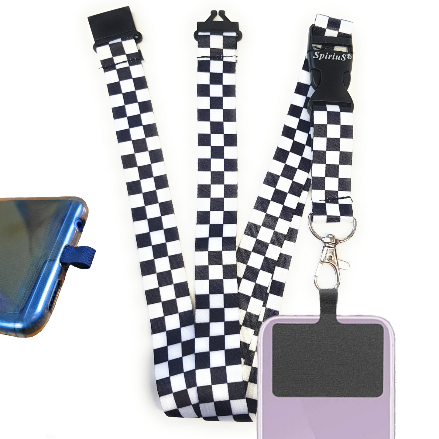 SpiriuS Phone Neck Lanyard Strap with sticky Universal Patch For any mobile phone, card holder Checker plaid