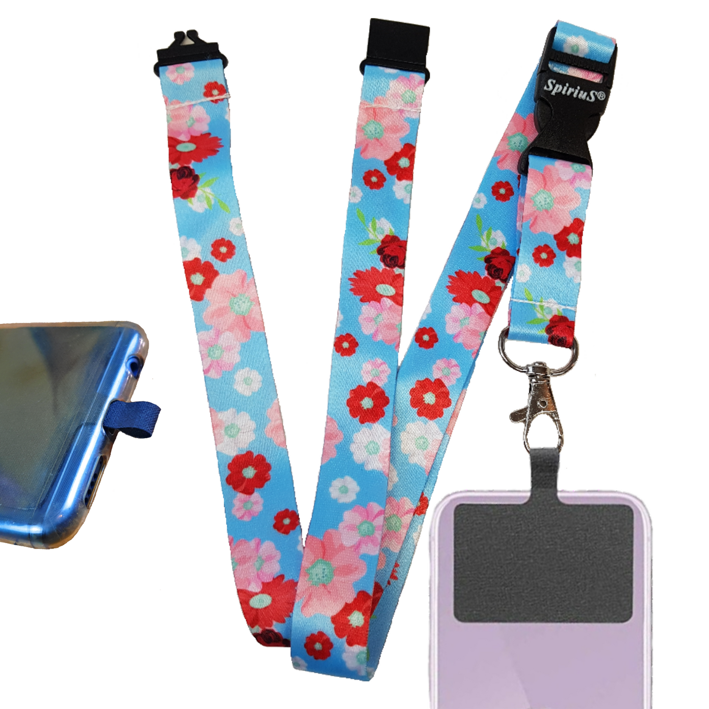SpiriuS Phone Neck Lanyard Strap with sticky Universal Patch For any mobile phone, card holder Flowers in Blue