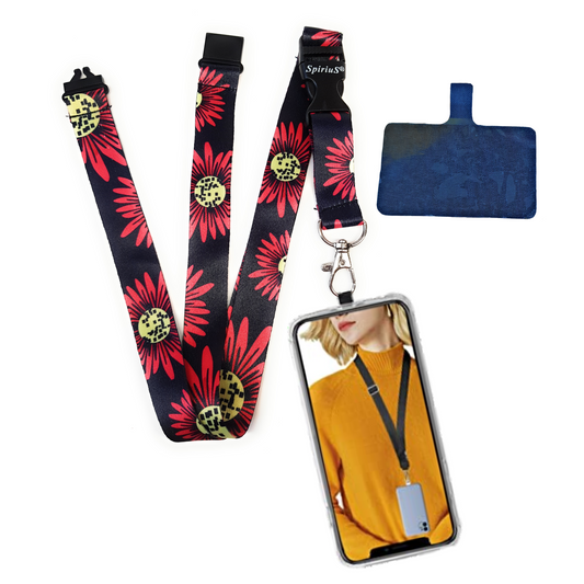 SpiriuS Phone Neck Lanyard Strap with sticky Universal Patch For any mobile phone, card holder big red flowers