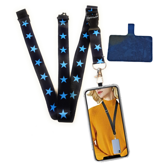 SpiriuS Phone Neck Lanyard Strap with sticky Universal Patch For any mobile phone, card holder Blue stars