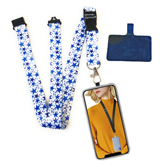 SpiriuS Phone Neck Lanyard Strap with sticky Universal Patch For any mobile phone, card holder Blue stars