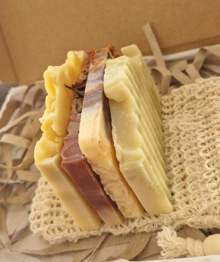 Handmade Natural Artisan 4 small Fruit Soaps gift set with Soap saver Bag eco friendly gift for Christmas Birthday
