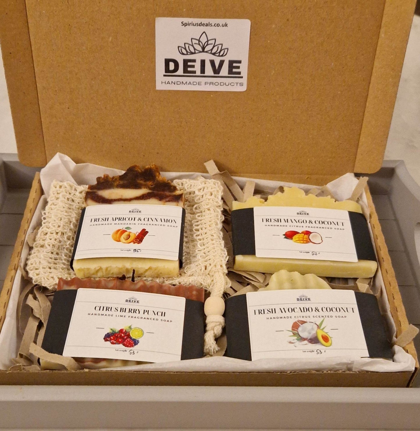 Handmade Natural Artisan 4 small Fruit Soaps gift set with Soap saver Bag eco friendly gift for Christmas Birthday