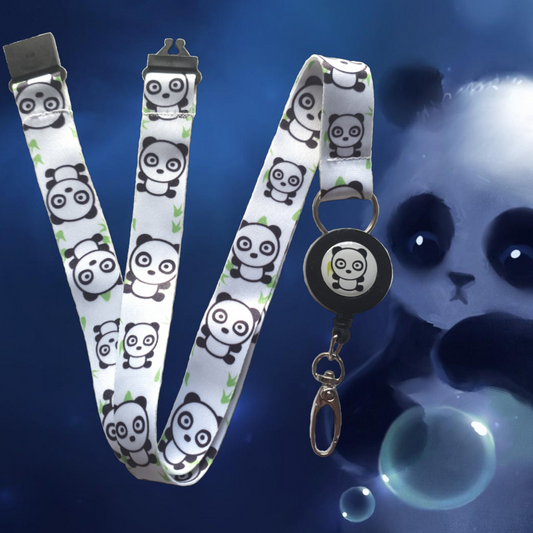 1x SpiriuS Lanyard with Panda in White Retractable Reel ID Badge Holder with metal clip Keyring