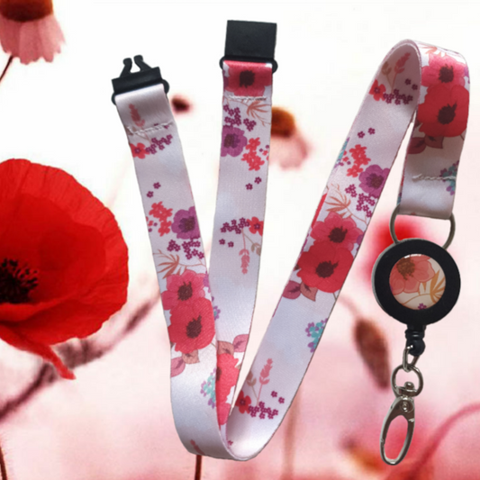 1x SpiriuS breakaway Lanyard with Poppies in White Retractable Reel ID Badge Holder with metal clip Keyring
