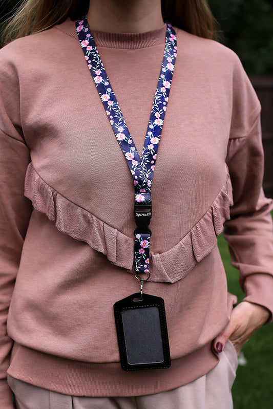 1 x SpiriuS Flowers in Black breakaway Lanyard neck strap + faux leather badges holder