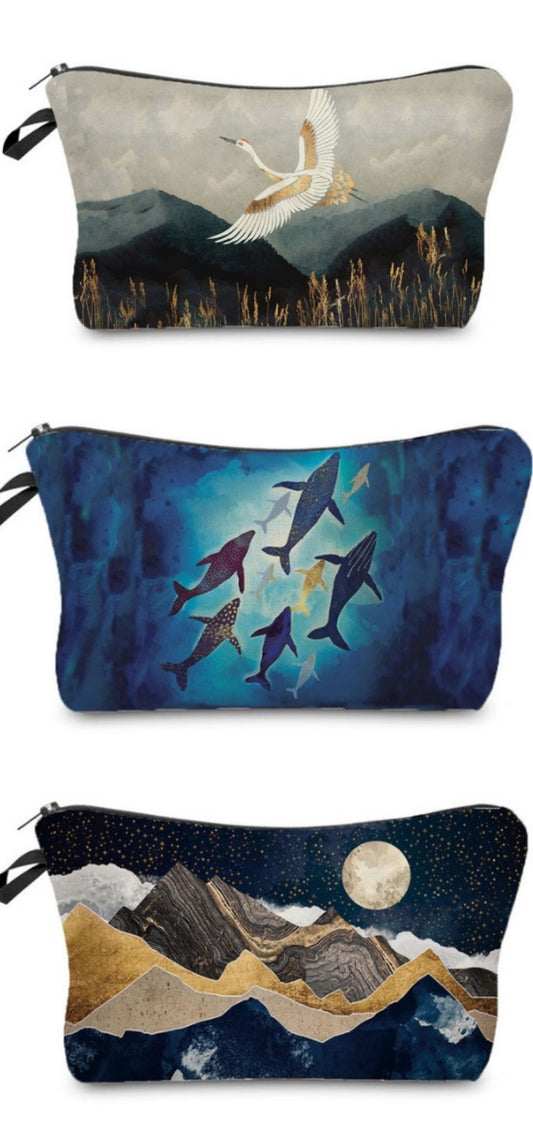 Make up Bag Cosmetic bag, zipper pouch, Women Toiletry Bag Pencil Case storage Bag bird, whales, fish, ocean theme, nature theme